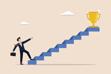 Business success, business goals and achievements concept, businessman climbing the ladder to find the winning trophy at the final top.