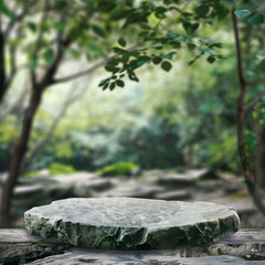 Obraz premium Tranquil and serene stone platform in the lush and peaceful forest with a natural eco friendly backdrop for meditation and relaxation in a mystical and serene woodland environment