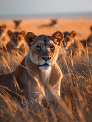 Majestic Lion Pride Relaxing in Golden Grasslands Landscape