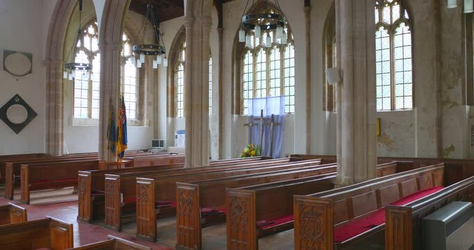 Shot of interior of St John the Baptist Axbridge church, situated in medieval square in Somerset town, Axbridge, England at daytime.