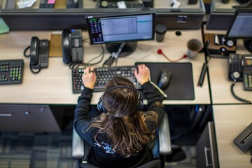 An overhead shot of a female call center agent working diligently at her desk in a busy office environment. She is wearing a headset and multitasking on her computer