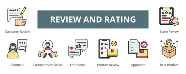 Review and Rating Lineal Color Banner Web Icon Set Vector Illustration, Customer Review Comment Customer Satisfaction Testimonial Product Review Approved Best Product Score Review 