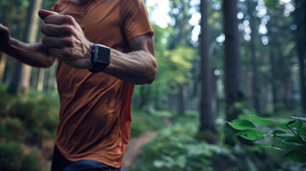 Fototapeta premium Trail runner in orange shirt monitoring progress.