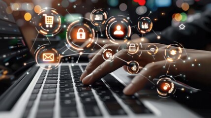 Fototapeta premium Hands typing on a laptop with holographic cloud, security, and connectivity icons floating above.