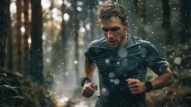 Man running in forest with smartwatch in rain