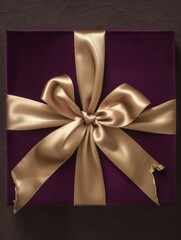 Gift box wrapped in purple gift paper with a gold satin ribbon. Present for a holiday, birthday or Christmas.