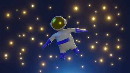 Naklejka premium Adorable cartoon astronaut character in white blue space suit on stars sky background. 3D rendering illustration.