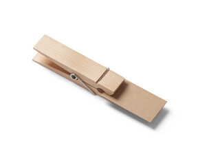 Wooden clothes peg with metal spring white isolated