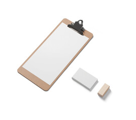 Clipboard and memo pad  on white background.  top view