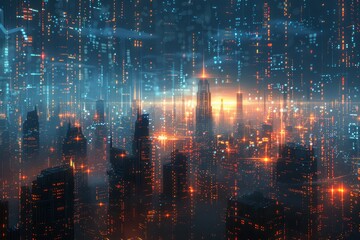 Fototapeta premium Abstract cityscape with neon blue and orange lights creating a futuristic and dynamic urban environment