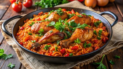Fototapeta premium Romatic Spanish Paella With Chicken, Vegetables And Spices In A Traditional Pan