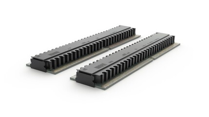 Pair of gray DDR4 desktop RAM modules on white background