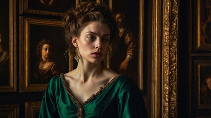  portrait of an adult woman looking at museum paintings in an old museum art gallery