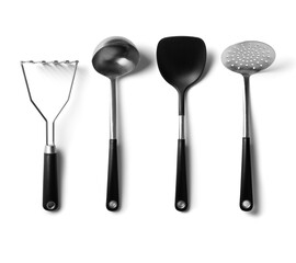 Set of black kitchen utensils isolated on a white background.