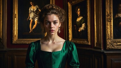  portrait of an adult woman looking at museum paintings in an old museum art gallery