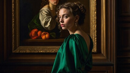  portrait of an adult woman looking at museum paintings in an old museum art gallery