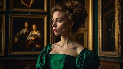  portrait of an adult woman looking at museum paintings in an old museum art gallery