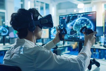 Individual using VR headset in a futuristic setting.