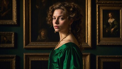  portrait of an adult woman looking at museum paintings in an old museum art gallery