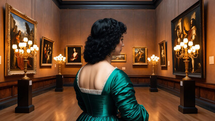  portrait of an adult woman looking at museum paintings in an old museum art gallery