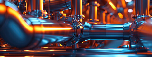 Close-up of shiny pipes with wires with orange lighting