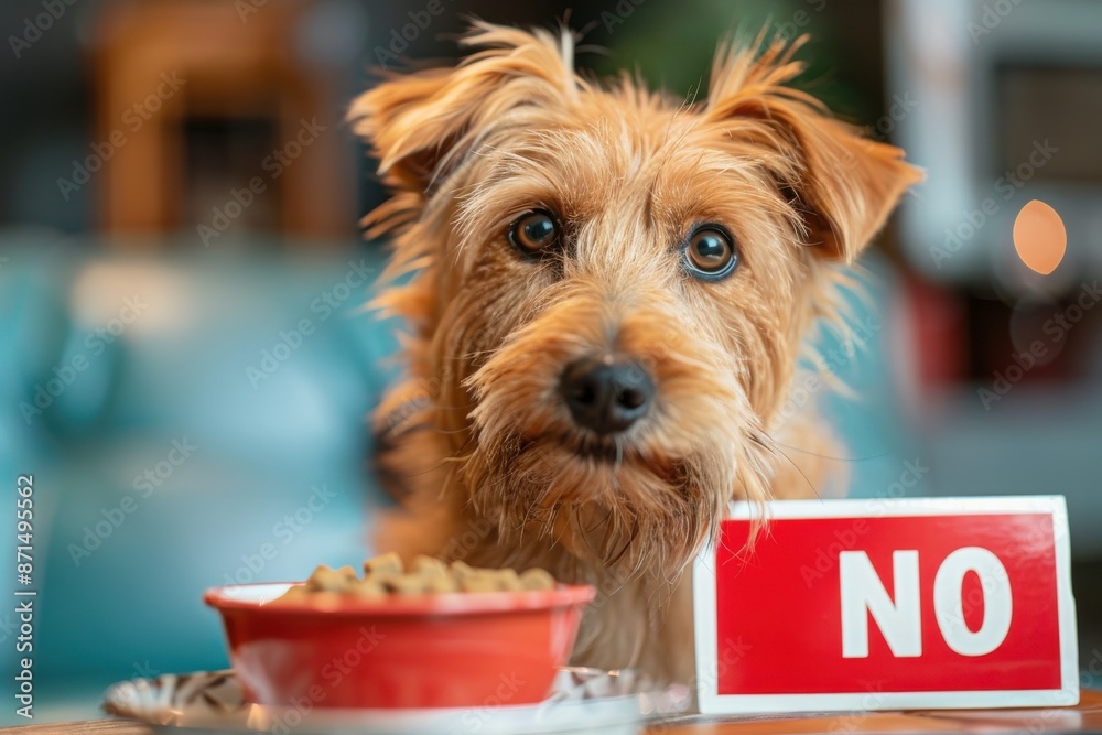 Wall mural A dog is holding a piece of paper in front of a bowl of food