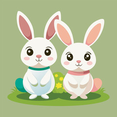 Fototapeta premium Adorable Bunny Pair on Grass Vector Illustration.