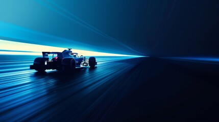 A modern racing car blurs by on a slick futuristic track with dynamic lighting effects emphasizing speed and technology