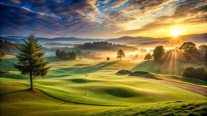 Golf course landscape with misty morning atmosphere, sun rising over rolling green hills, and golf club laid on lush grass.