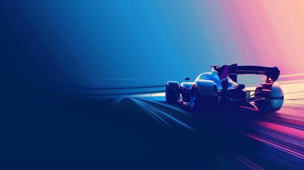 A digital art representation of a racing car speeding, with vibrant dynamic streaks and a cool color palette