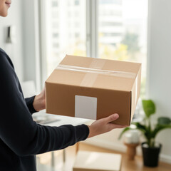 Customer is receiving a parcel box of merchandise in an online shopping order