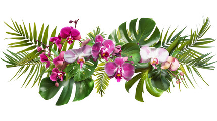 Tropical leaves and flowers garland bouquet arrangement mixes orchids flower isolated on white or transparent PNG Background