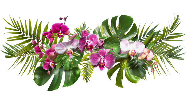 Tropical leaves and flowers garland bouquet arrangement mixes orchids flower isolated on white or transparent PNG Background