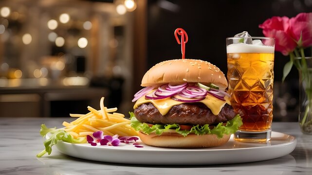 Indulge in a mouth-watering zinger burger, topped with gooey cheese and served with a refreshing cold drink in a luxurious marble glass. The vibrant colors of the flowers on the side add a touch of el