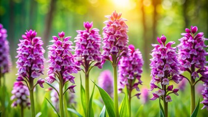 Obraz premium Delicate exotic Orchis Purpurea orchids bloom in a vibrant purple hue amidst lush green foliage in a serene natural setting.