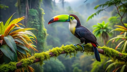 Fototapeta premium Colorful toucan perched on a moss-covered branch, vibrant plumage shining, amidst lush green tropical rainforest foliage and misty background atmosphere.