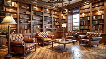 Cozy quiet atmosphere with tall wooden shelves filled with books surrounding a spacious table and comfortable brown leather armchairs.