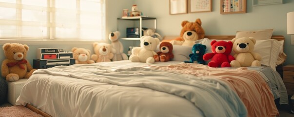 Nostalgic 90's Bedroom Vibes: Cozy Atmosphere with Stuffed Animals, Cassette Player, and Colorful Bedding