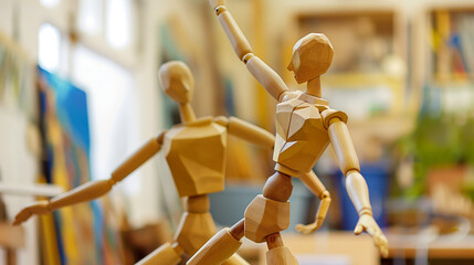 Wooden mannequins in an art studio posing dynamically as if they're dancing to unseen music.