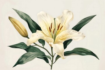 Obraz premium A striking bouquet of a white-yellow lily in full bloom with detailed petals and stamen. The background features a soft white that complements the vibrant flower.