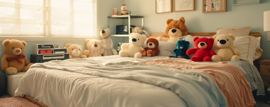 Nostalgic 90's Bedroom Vibes: Cozy Atmosphere with Stuffed Animals, Cassette Player, and Colorful Bedding