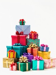 A pile of Christmas gift box skirts, stacked on top of each other with ribbons and bows on pure white background