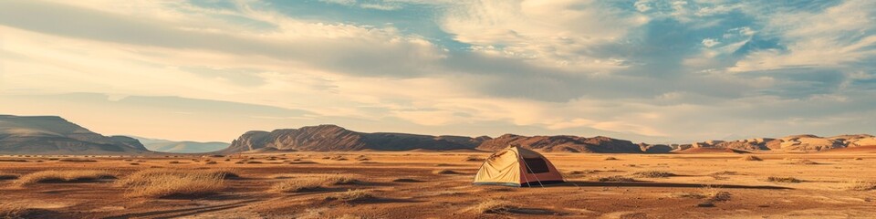 Fototapeta premium Summer Camping in the Desert with Aurora and Sunset Clouds, Perfect for Outdoor Activities, Company Retreats, and Retirement, High-Quality Nature Wallpaper, AI-Generated