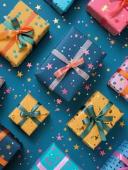Obraz premium Gift boxes with ribbons and bows on vivid background