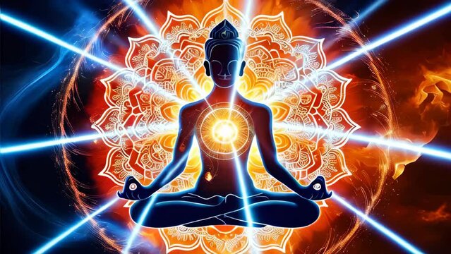 Abstract floral glowing energy aura with zen meditation human silhouette. Yoga meditation to increase chakra energy strength and body strength. Mindfulness practice