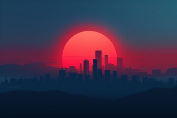 Fototapeta premium A futuristic cityscape silhouetted against a large, red, glowing sun. The sky is dark blue, creating a dramatic contrast.