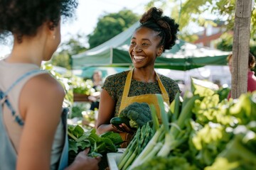 Obraz premium Vibrant market scene with woman and fresh produce