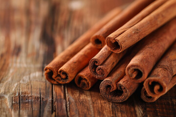 Cinnamon Sticks on Rustic Wooden Background