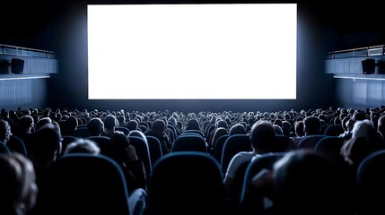 A large, empty screen in a darkened movie theater, with a crowd of people eagerly awaiting the show.