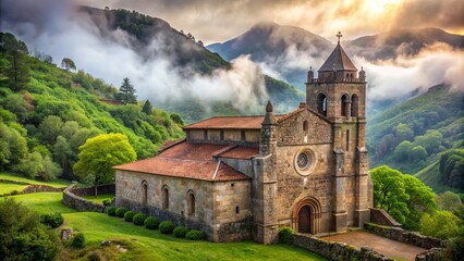 Naklejka premium Ancient Basque Church of Aranzazu's ornate stone facade amidst lush greenery and misty mountains in the Spanish countryside scenery.